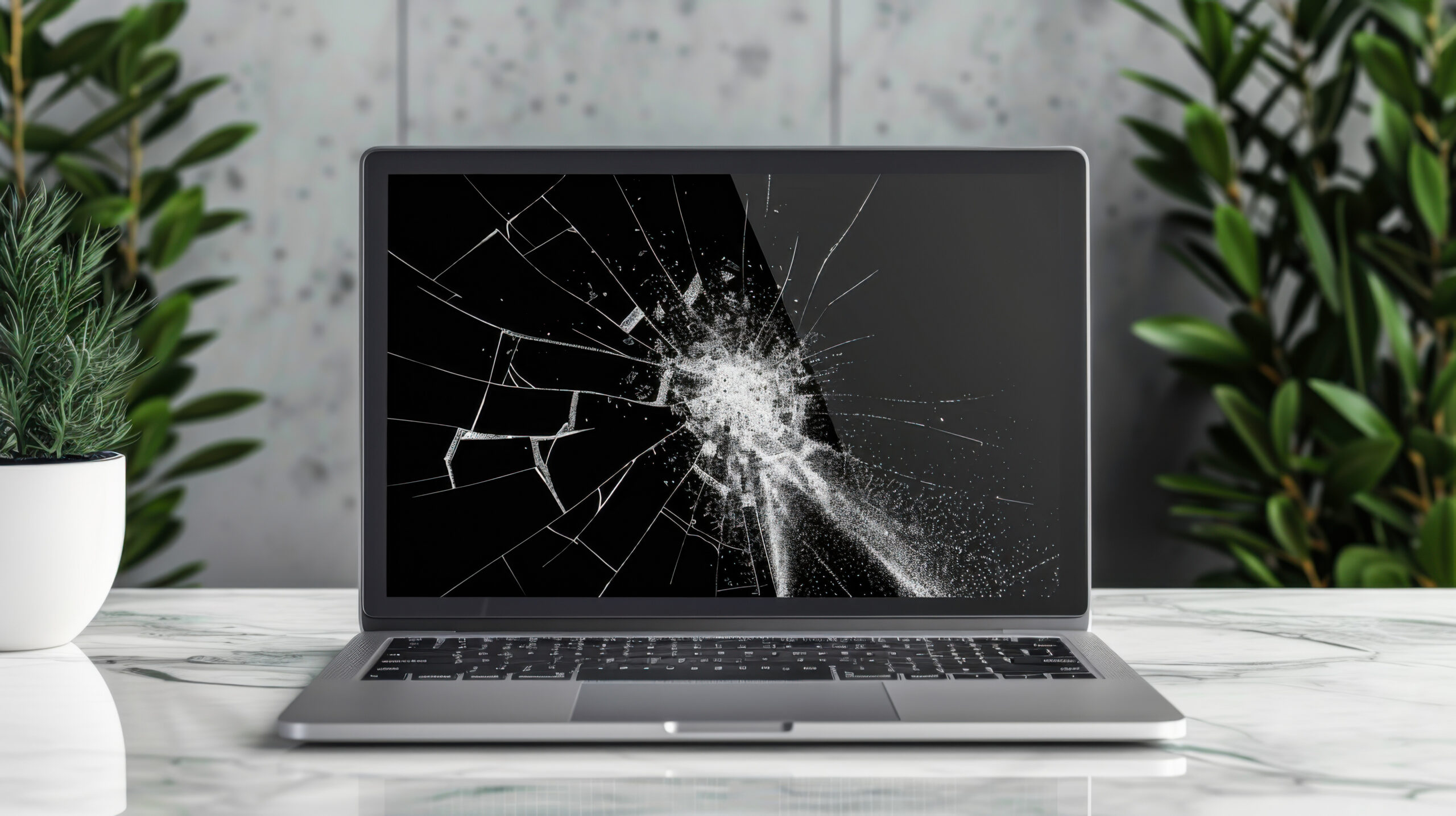 Open laptop displaying a shattered screen, placed on a marble surface with potted plants in the background