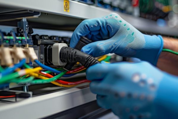 A technician wearing blue gloves is plugging a cable into a network server. This image represents IT work, network maintenance, and professional data center operations.